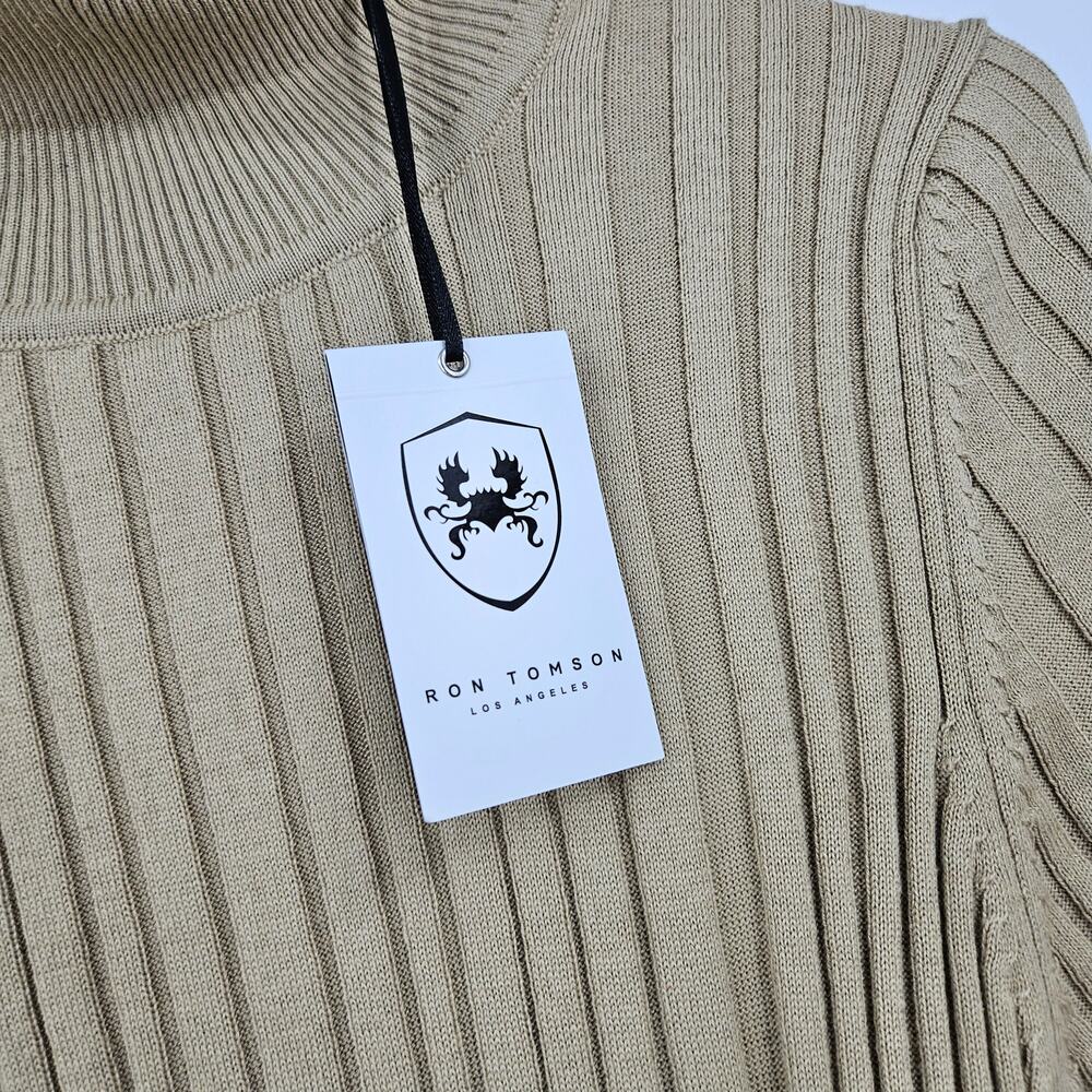 Ron Tomson Roll Neck Ribbed Men's Sweater Beige Stretch Pullover NWT Size L - Picture 3 of 10